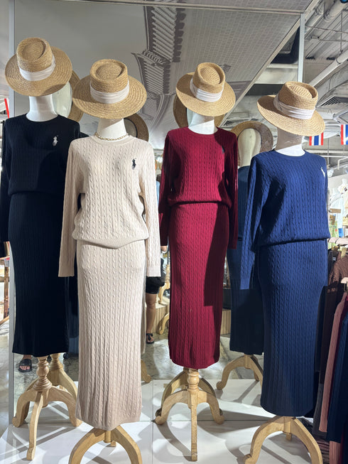 Polo Round Neck Knitted Sweater and Skirt Sets